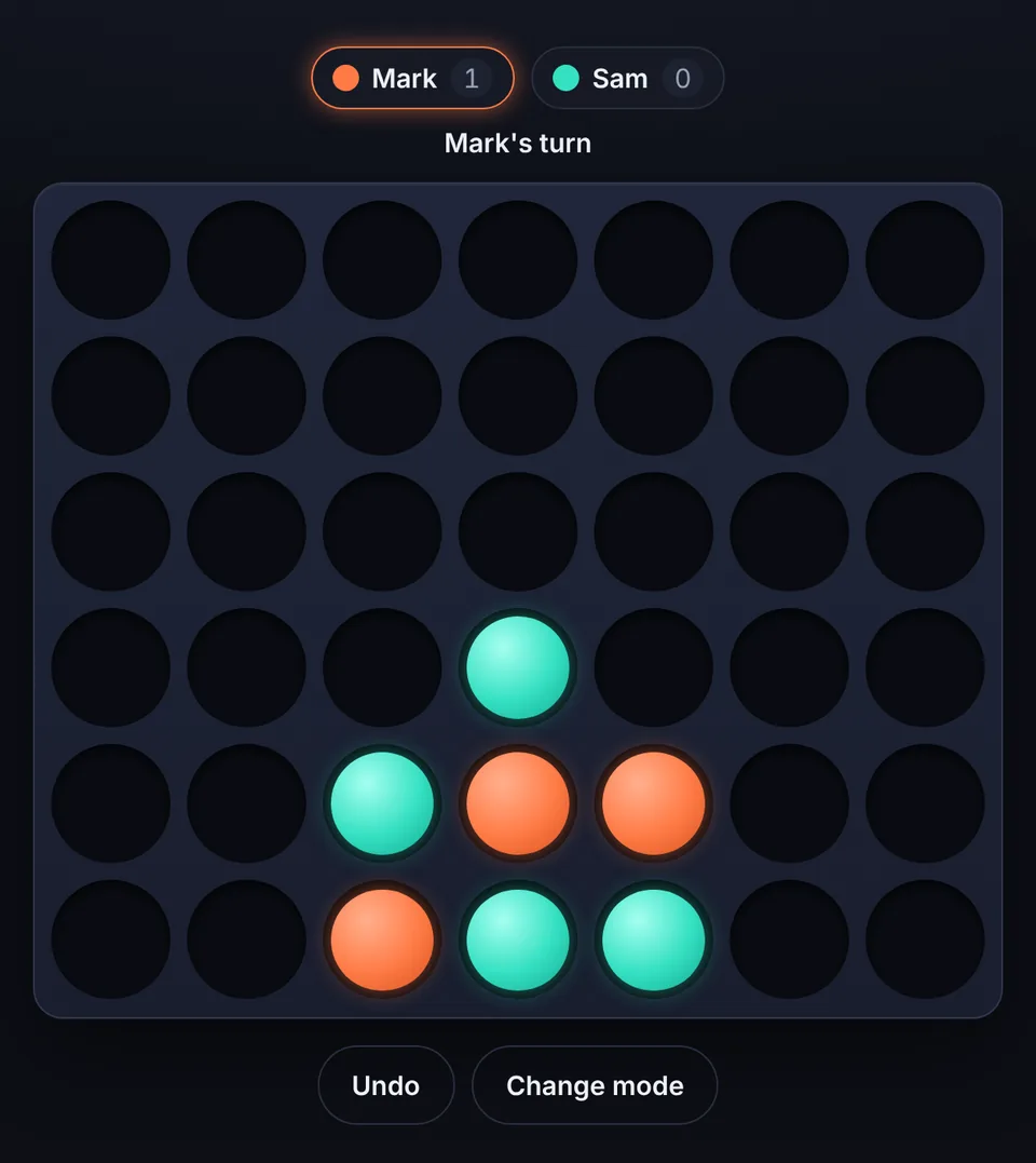4 in a row 2 player game on one screen, with both players' names, the score and whose turn it is