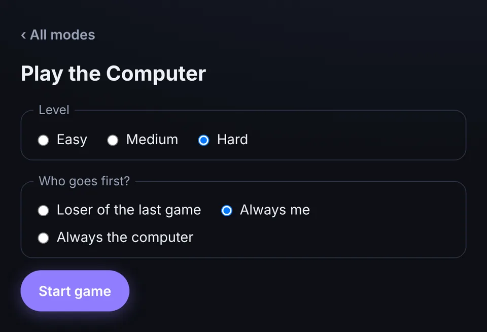 Connect 4 vs computer setup screen: choose Easy, Medium or Hard and who goes first