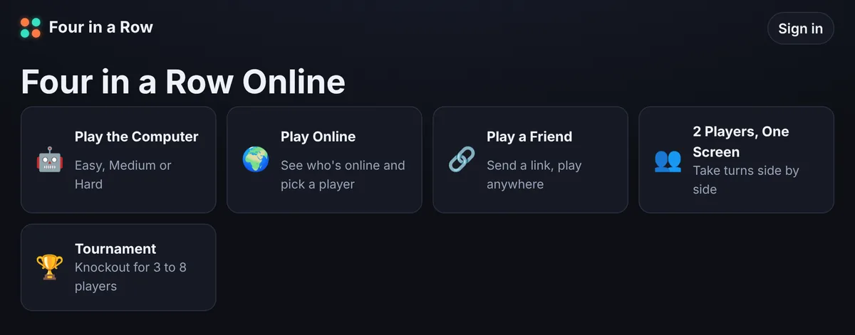 Ways to play Four in a Row free: vs the computer, online, with a friend by link, or two players on one screen