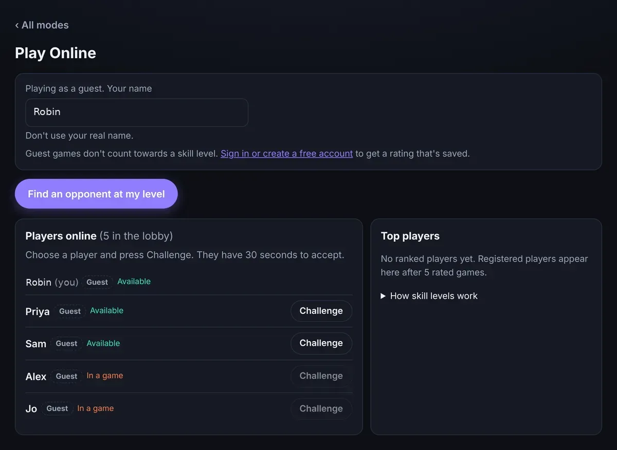 The online multiplayer lobby showing players available to challenge and a button to find an opponent