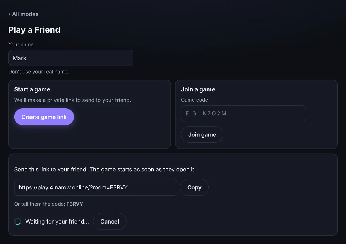 Play with friends online: the screen that creates a private game link and code to send to a friend