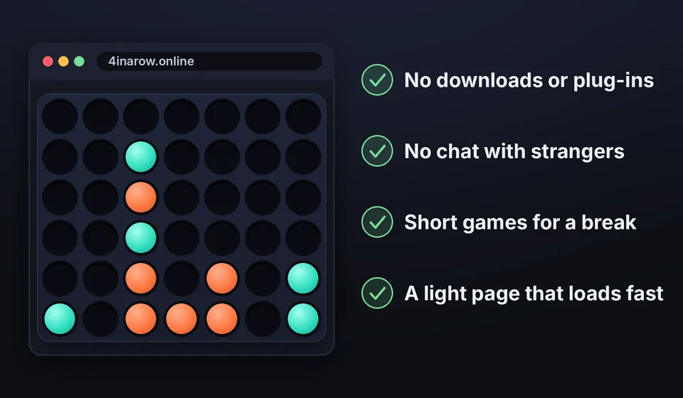 Four in a Row unblocked in a browser window, with no downloads, no chat, short games and a light, fast page